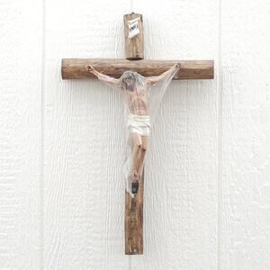 VTG Primitive Log Cross Plastic Corpus Rustic Christian Wall Altar Decor 21x13